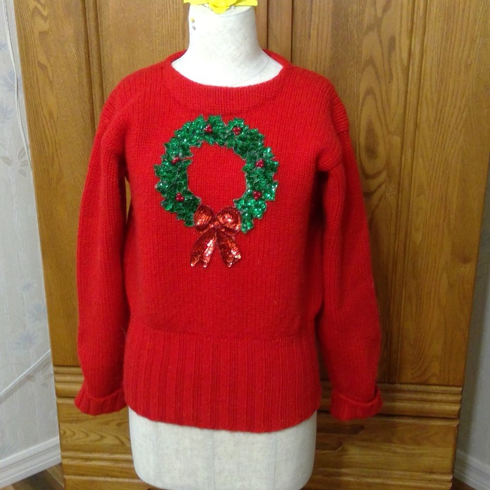 Red 100% wool sweater.